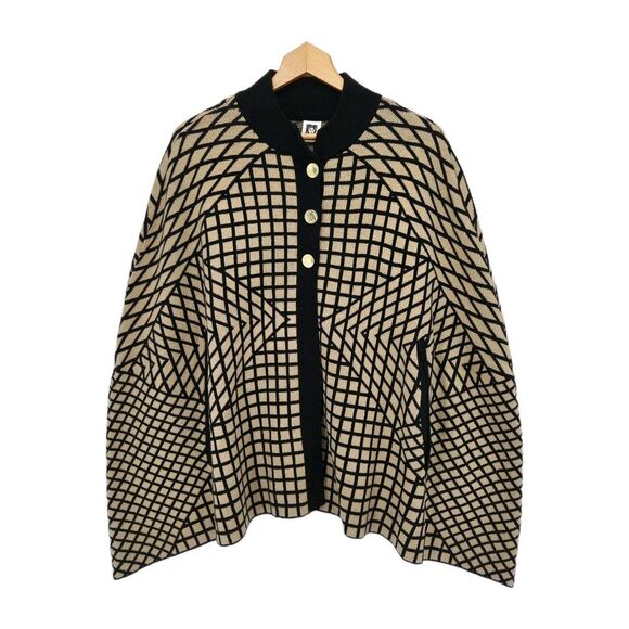 New Anne Klein Womens Poncho Shaw Sweater Black Tan Geometric Knit Size Large - Picture 1 of 4